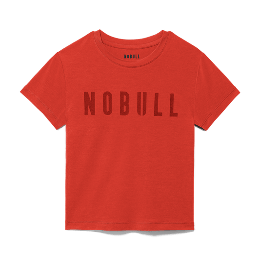 Women's Crimson NOBULL Fitted Tee Flat Lay Angle.