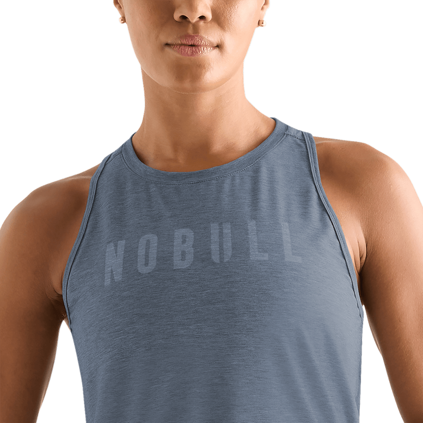 Women's Dusty Blue Heather NOBULL High-Neck Tank Detail Angle.