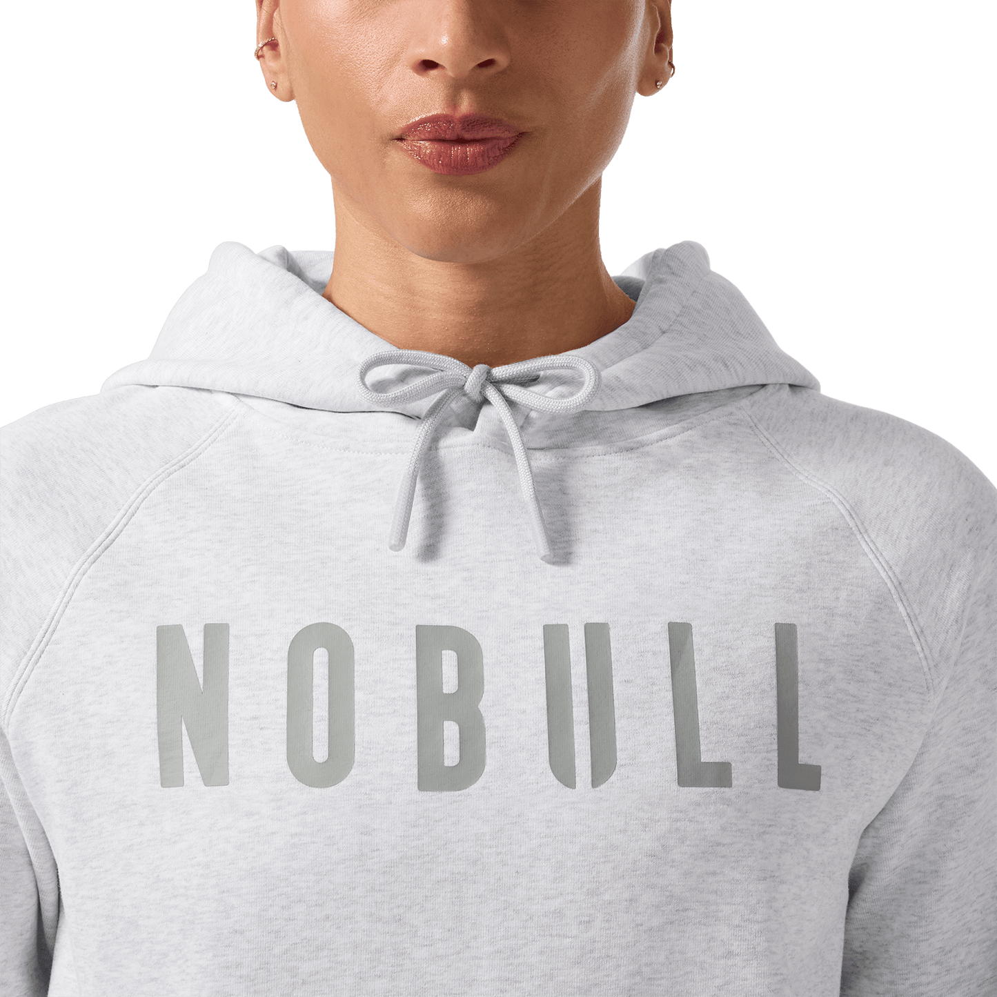 Women's Light Grey Heather NOBULL Hoodie Front Detail Angle.