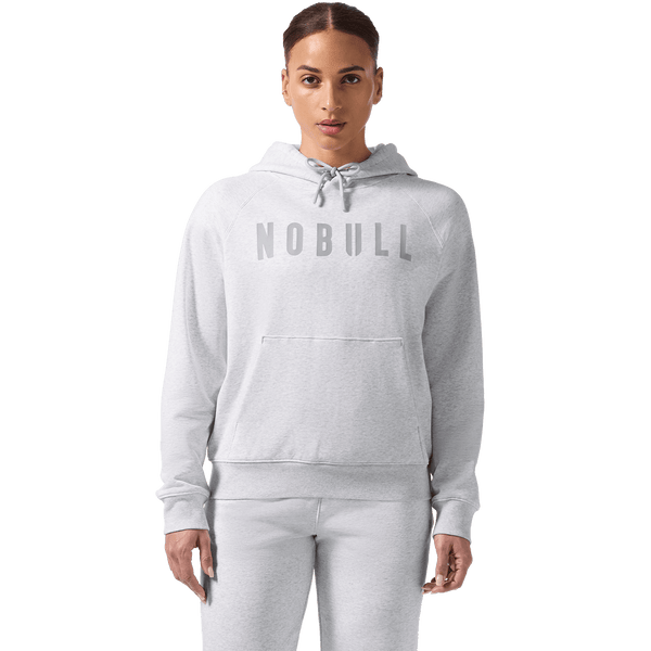 Women's Light Grey Heather NOBULL Hoodie Front on Body Angle.