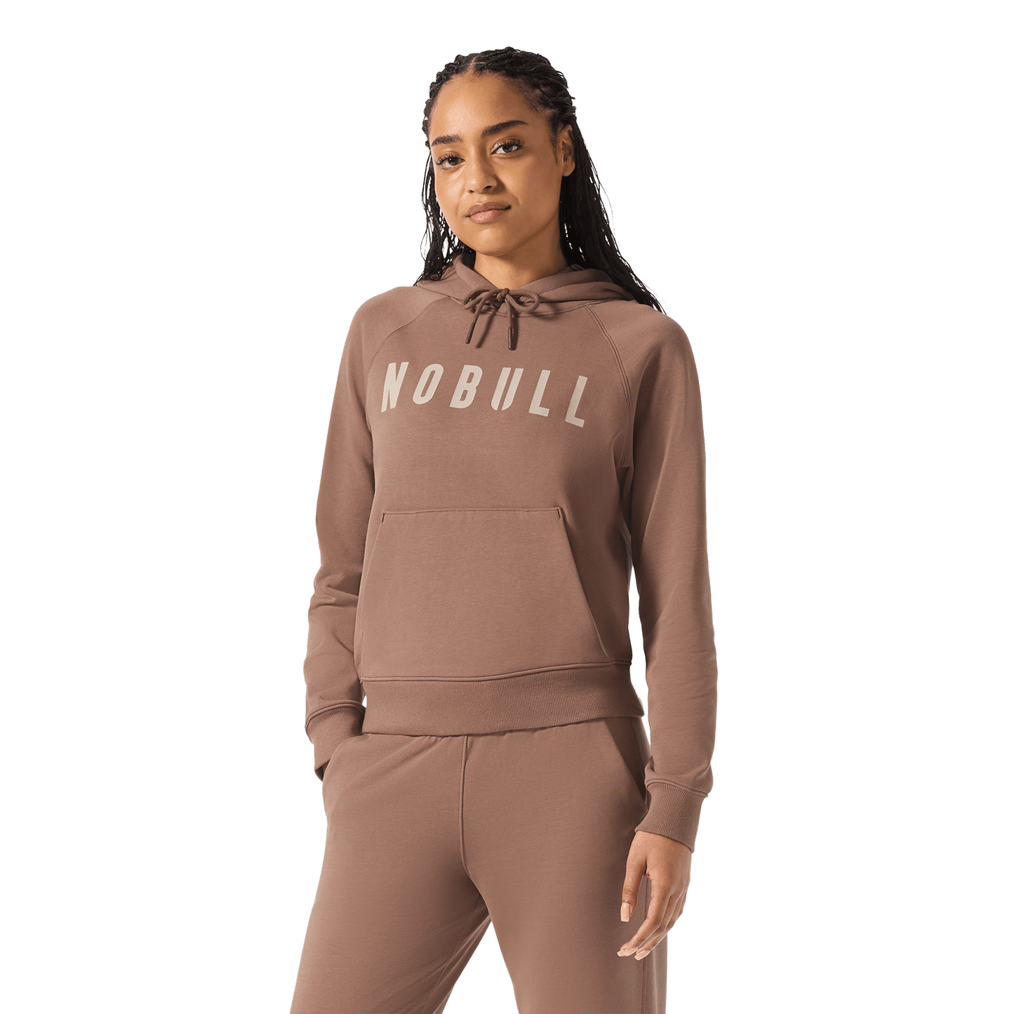 Women's Acorn NOBULL Hoodie Front Waist Up Angle.