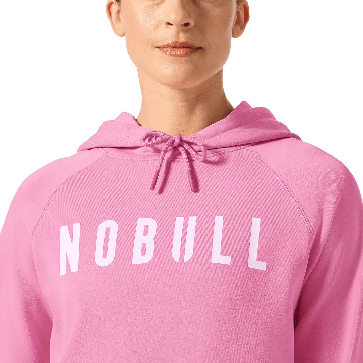 Women's Soft Pink NOBULL Hoodie Front Detail Angle.