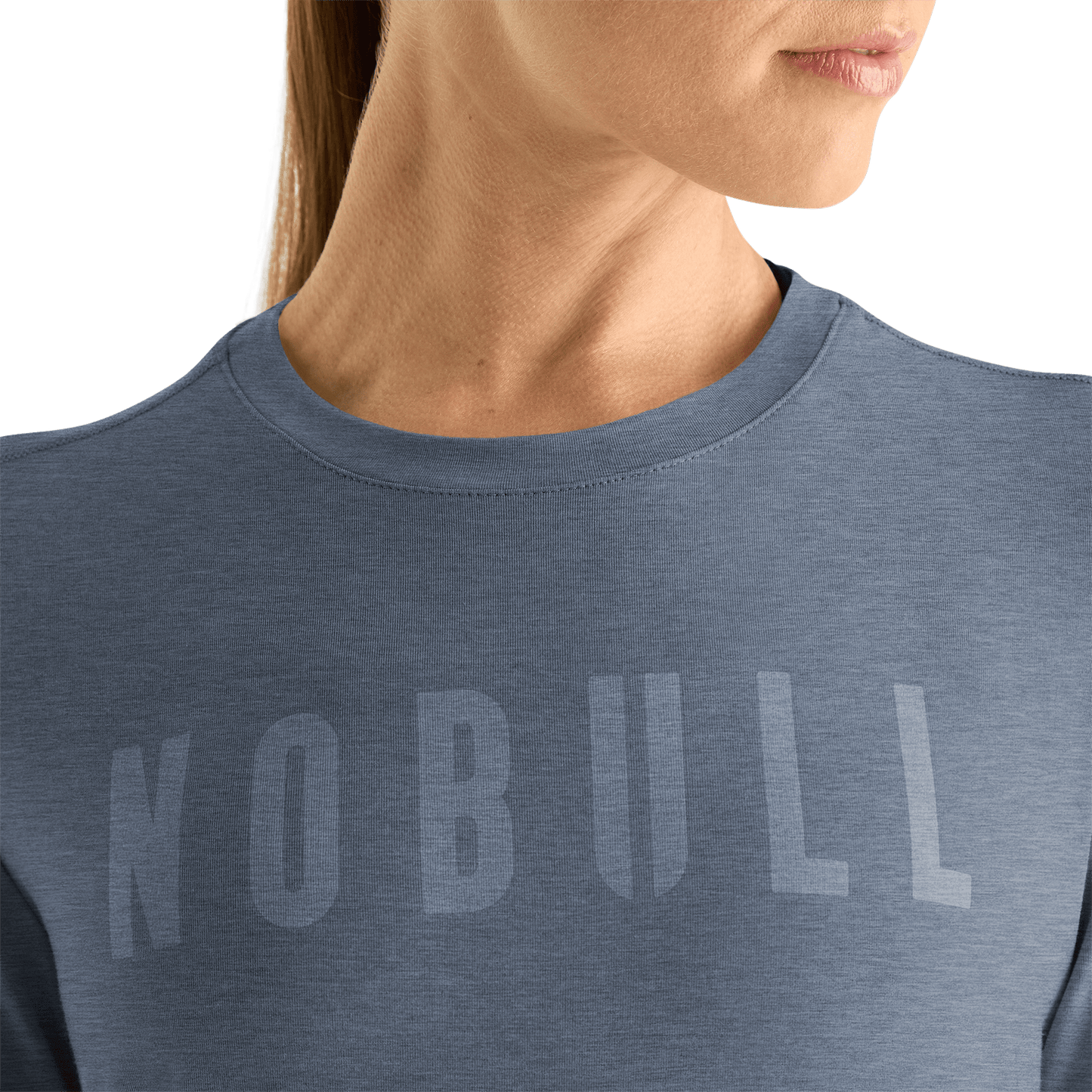 Women's Dusty Blue Heather NOBULL Long Sleeve Tee Shirt Detail Angle.