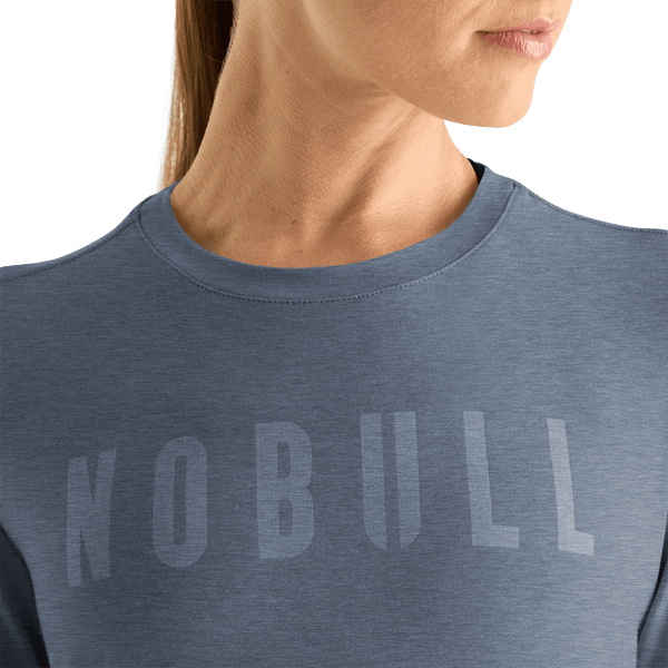 Women's Dusty Blue Heather NOBULL Long Sleeve Tee Shirt Detail Angle.