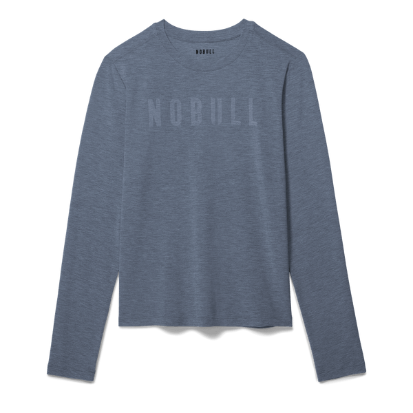 Women's Dusty Blue Heather NOBULL Long Sleeve Tee Shirt Flat Lay Angle.