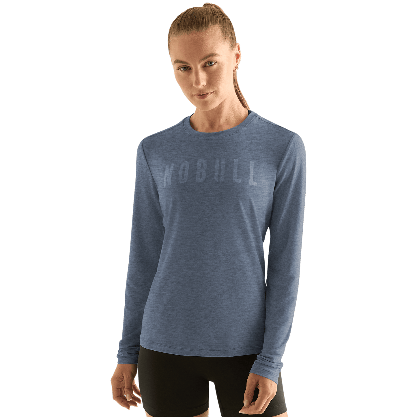 Women's Dusty Blue Heather NOBULL Long Sleeve Tee Shirt Front Angle.