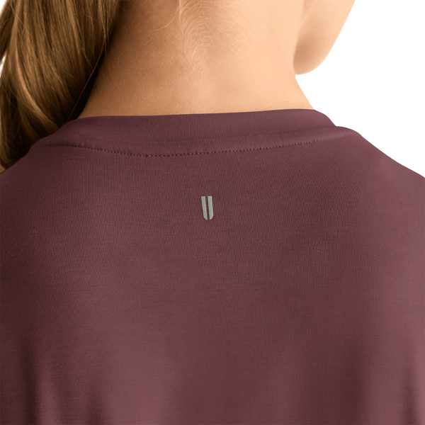 Women's Dark Burgundy Long Sleeve Tee Shirt U Logo Angle.