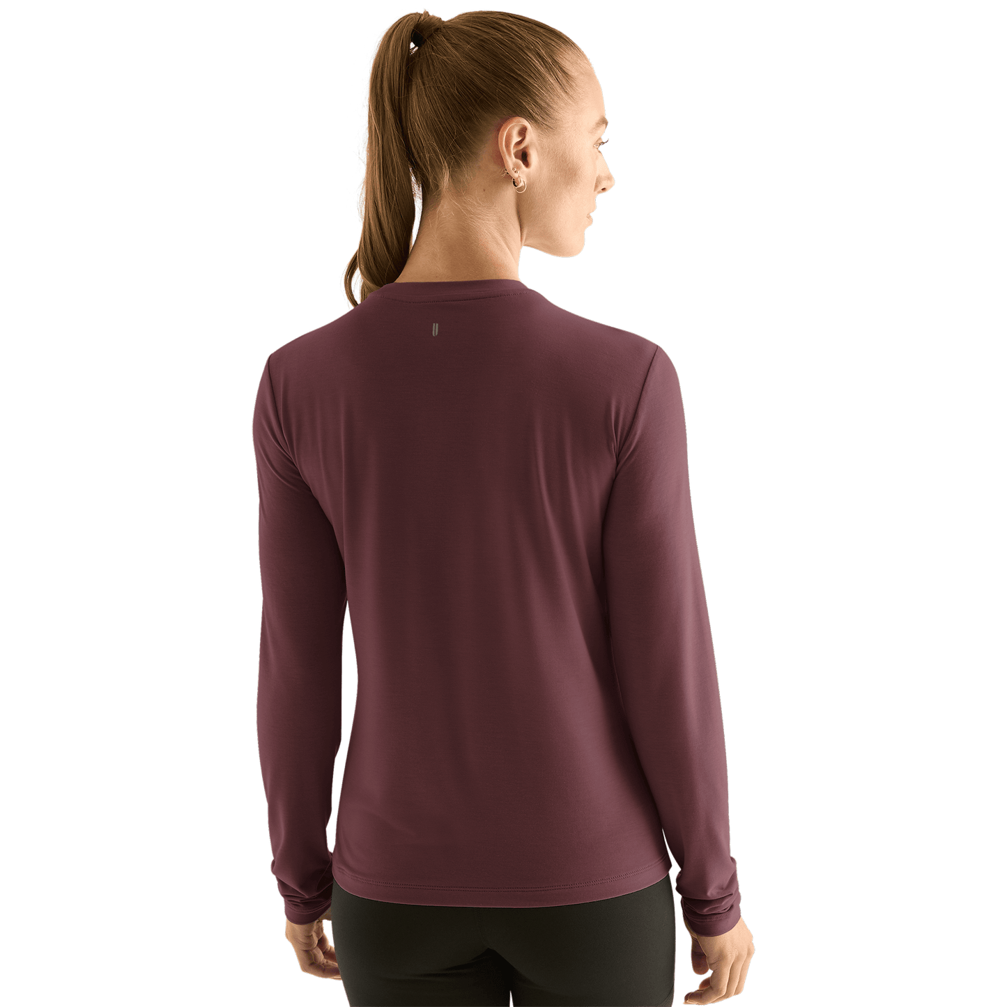 Women's Dark Burgundy Long Sleeve Tee Shirt Back Angle.