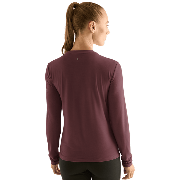 Women's Dark Burgundy Long Sleeve Tee Shirt Back Angle.