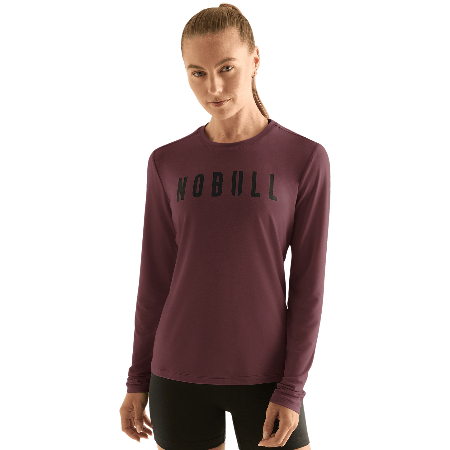 Women's Dark Burgundy Long Sleeve Tee Shirt Front Angle.