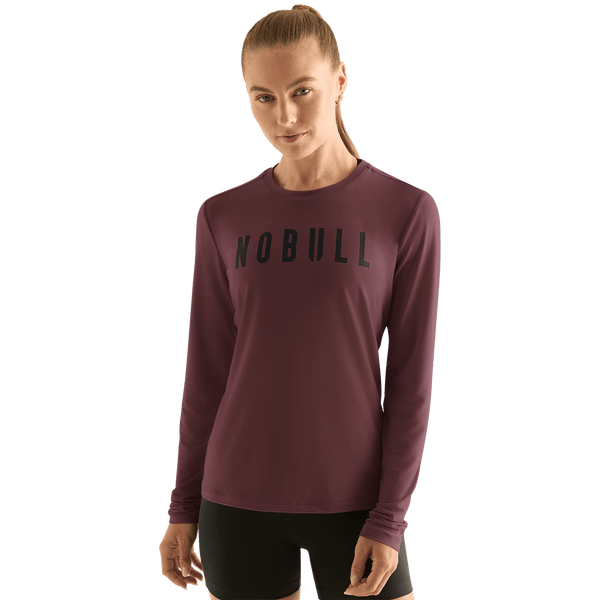 Women's Dark Burgundy Long Sleeve Tee Shirt Front Angle.