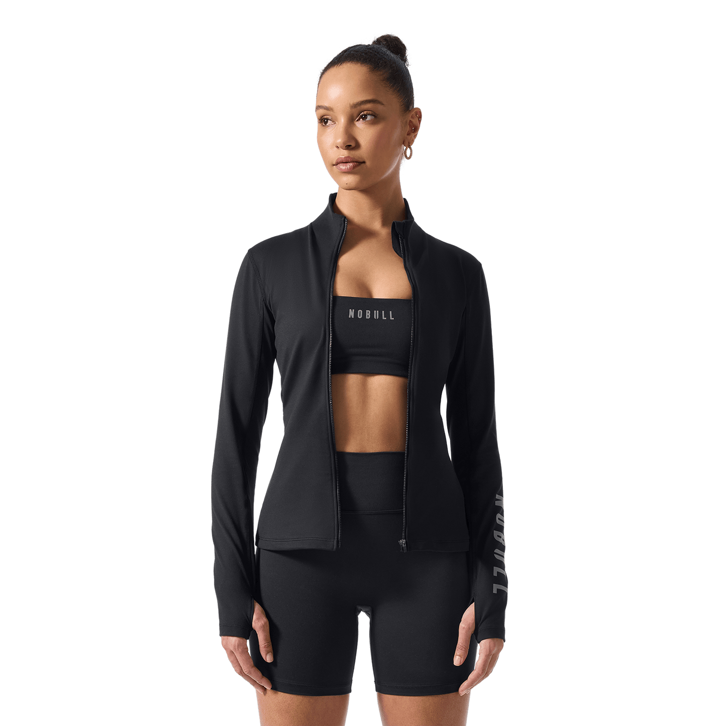 Women's Black NOBULL Matte Zip-Up Jacket Front On Body Angle.