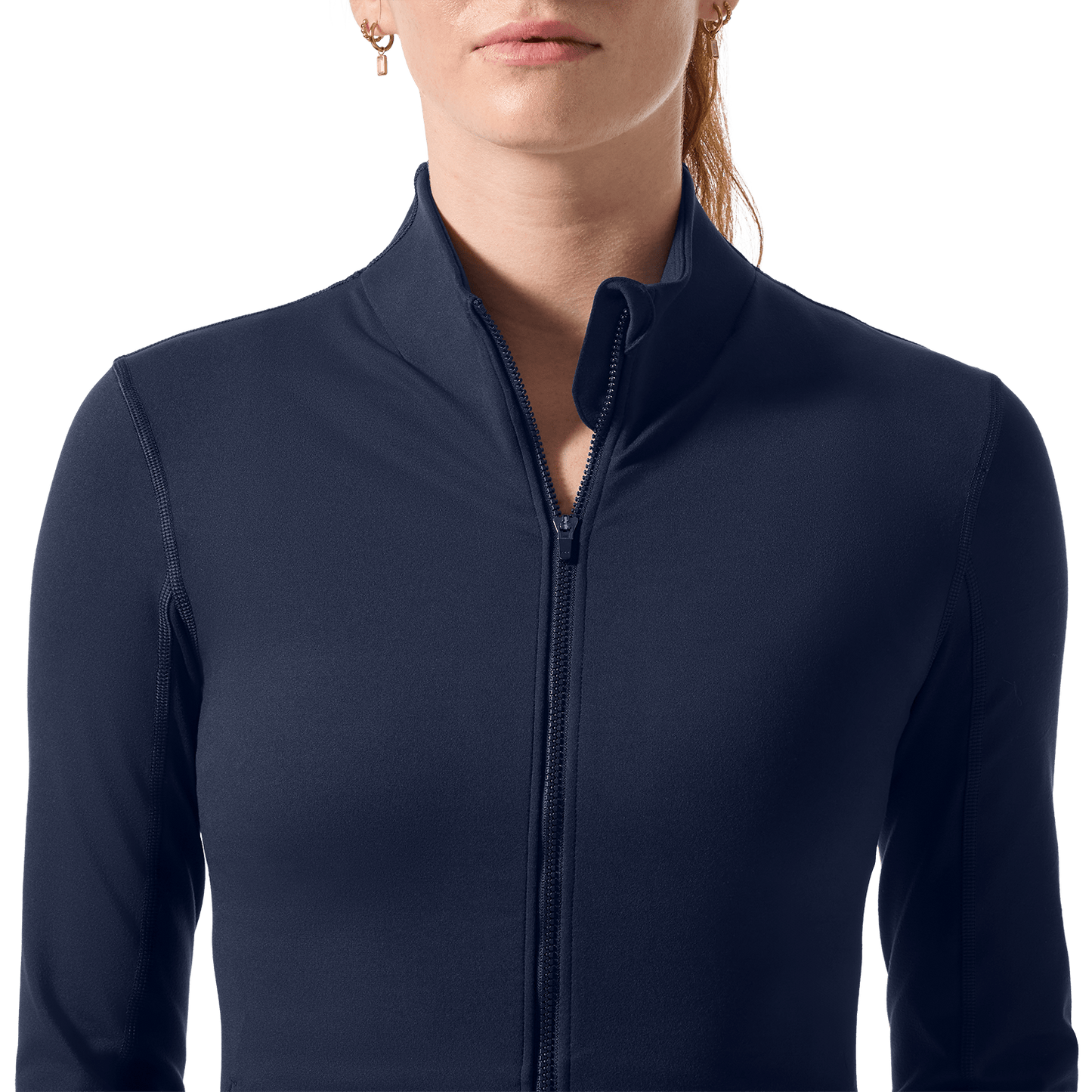 Women's Night Navy NOBULL Matte Zip-Up Jacket Front Detail Angle.