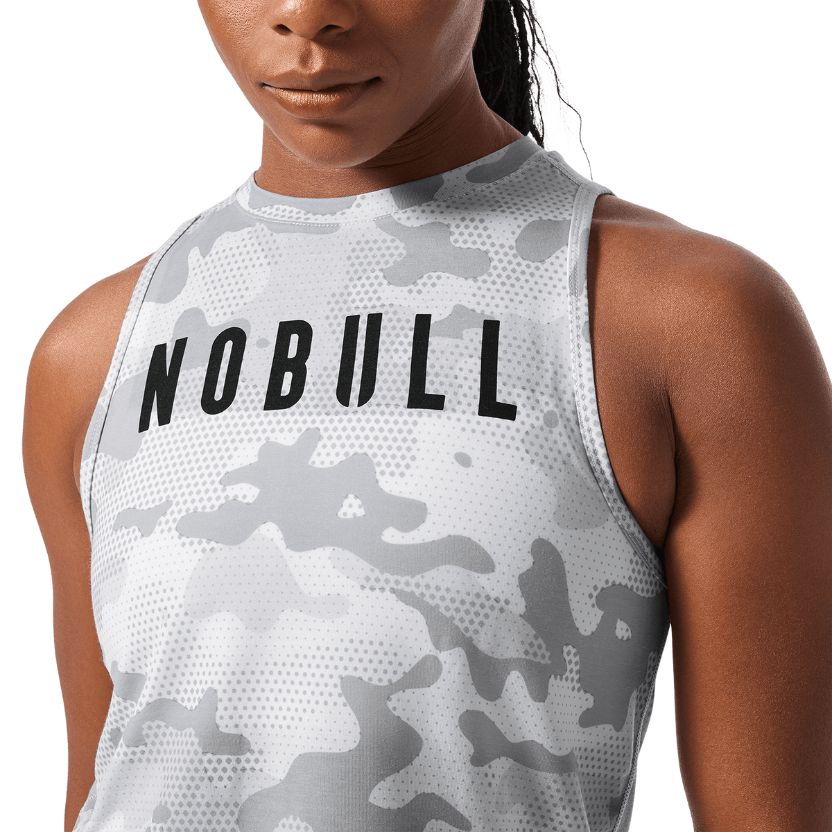 Women's Light Gray Camo NOBULL Muscle Tank Front Detail Angle.