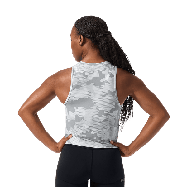 Women's Light Gray Camo NOBULL Muscle Tank Back Waist Up Angle.