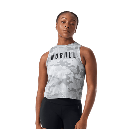 Women's Light Gray Camo NOBULL Muscle Tank Front Waist Up Angle.