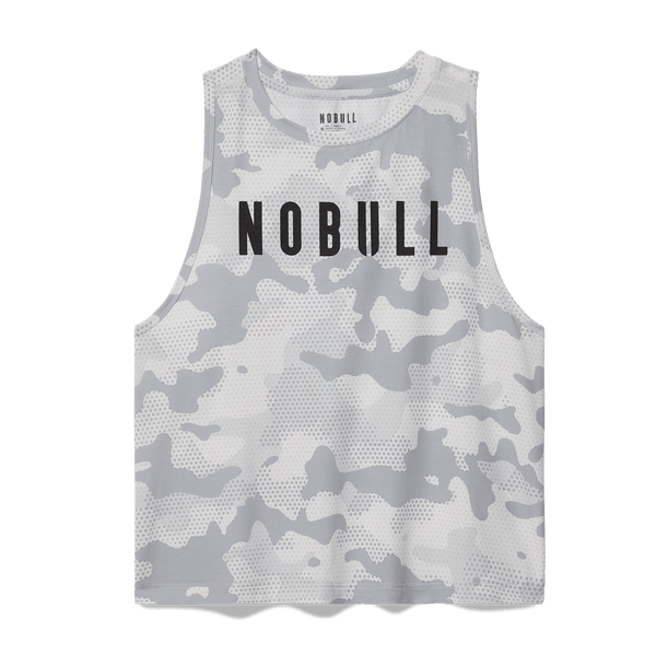 Women's Light Gray Camo NOBULL Muscle Tank Flat Lay Angle.