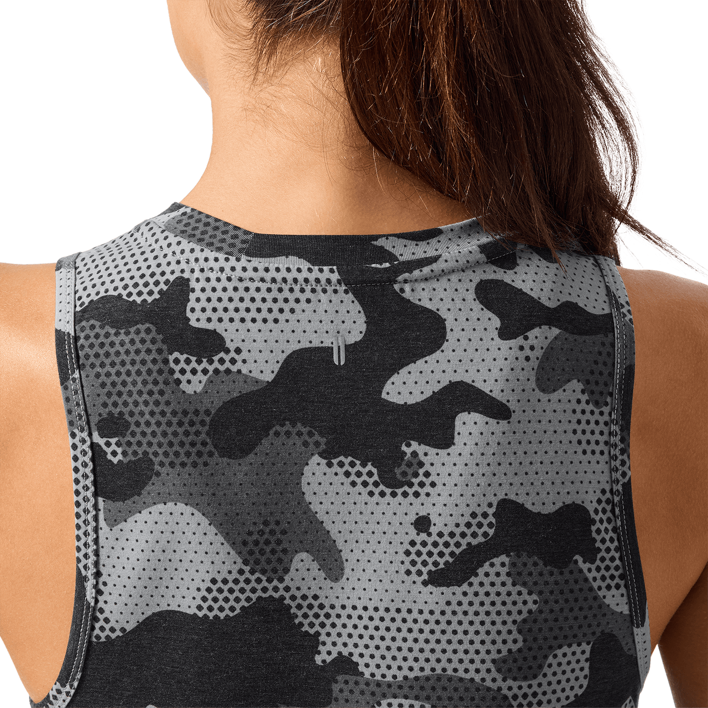 Women's Dark Gray Camo NOBULL Muscle Tank Back Detail Angle.