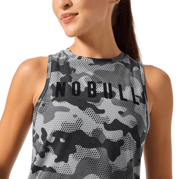 Women's Dark Gray Camo NOBULL Muscle Tank Front Detail Angle.