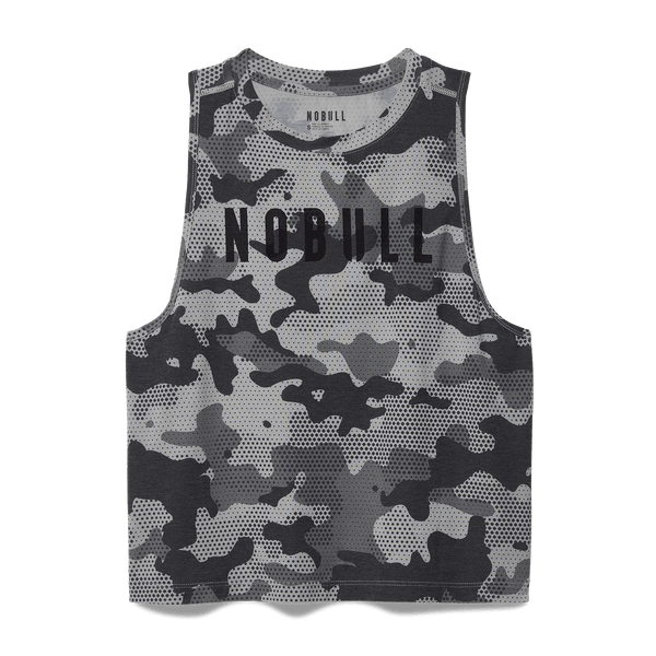 Women's Dark Gray Camo NOBULL Muscle Tank Flat Lay Angle.