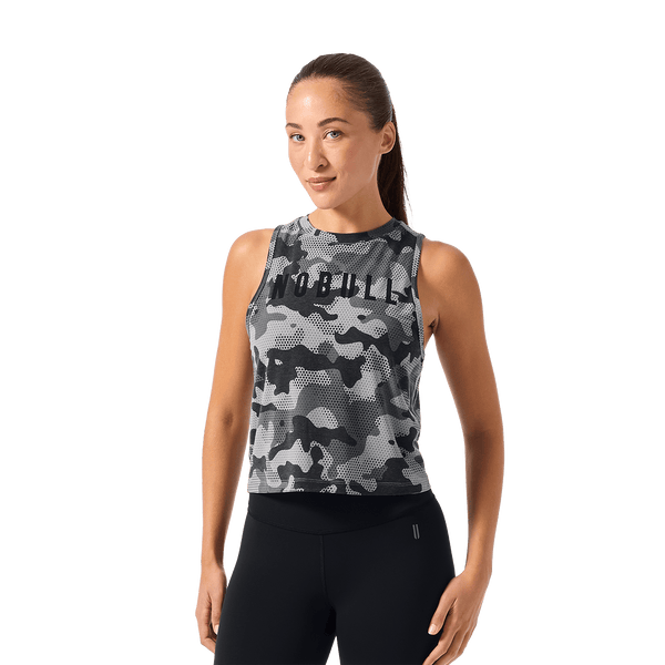 Women's Dark Gray Camo NOBULL Muscle Tank Front Waist Up Angle.