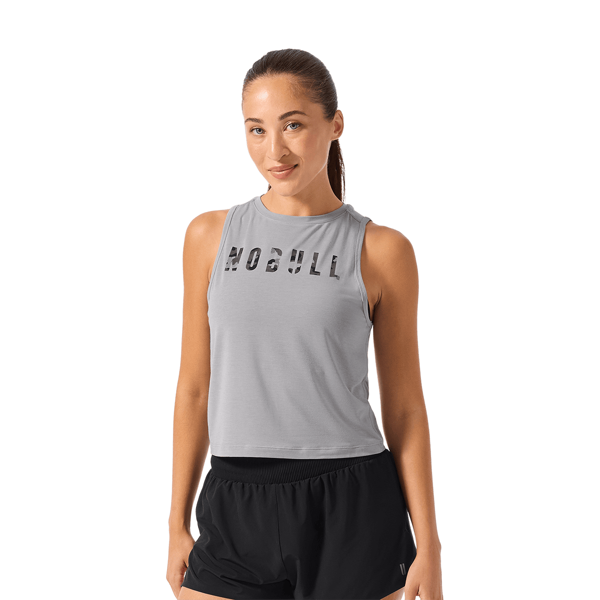 Women's Gray Camo Fill NOBULL Muscle Tank Front Waist Up Angle.