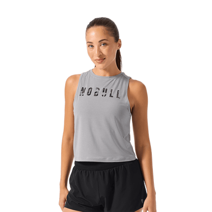 Women's Gray Camo Fill NOBULL Muscle Tank Front Waist Up Angle.