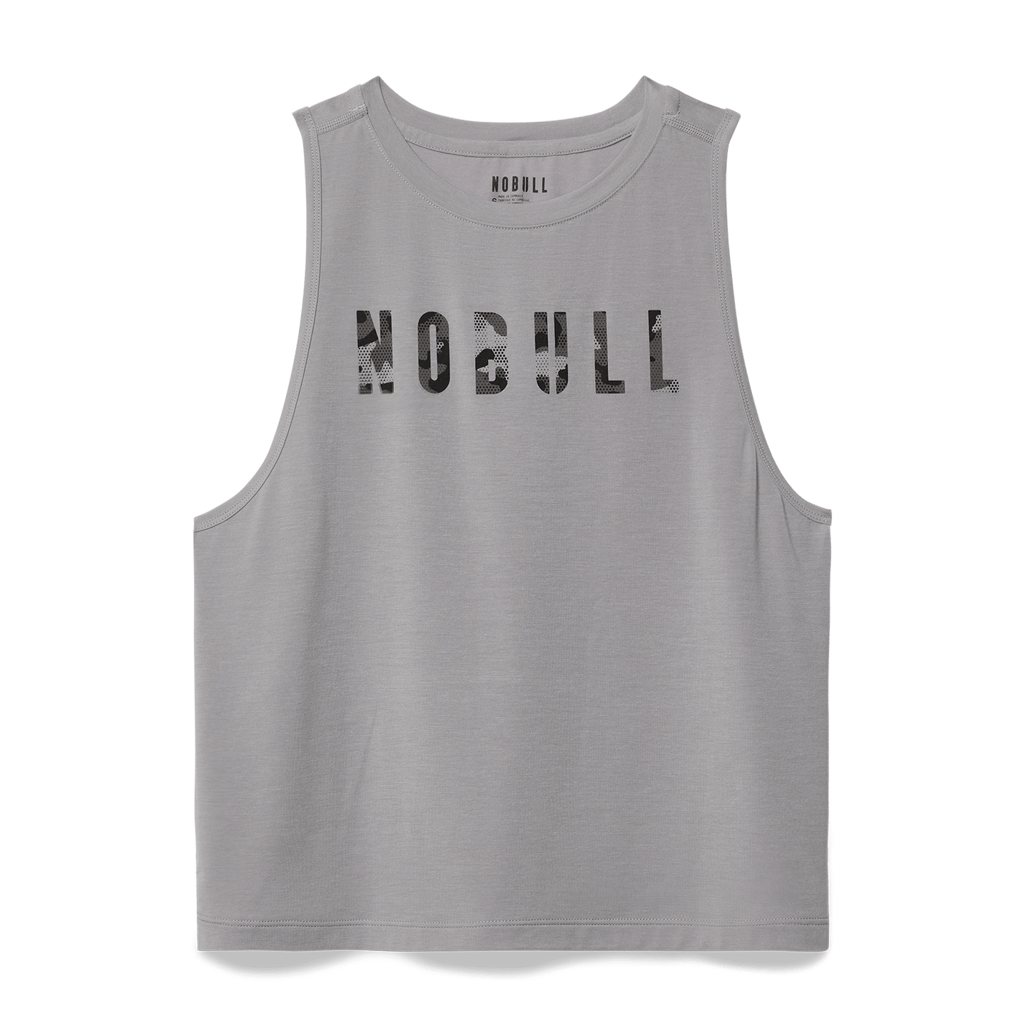 Women's Gray Camo Fill NOBULL Muscle Tank Flat Lay Angle.