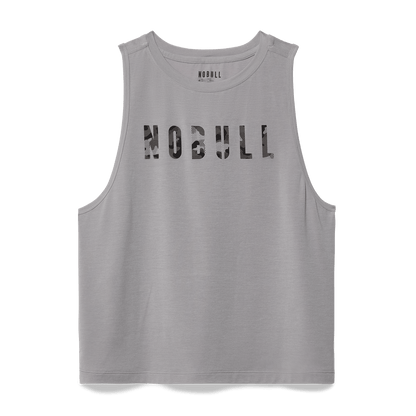 Women's Gray Camo Fill NOBULL Muscle Tank Flat Lay Angle.
