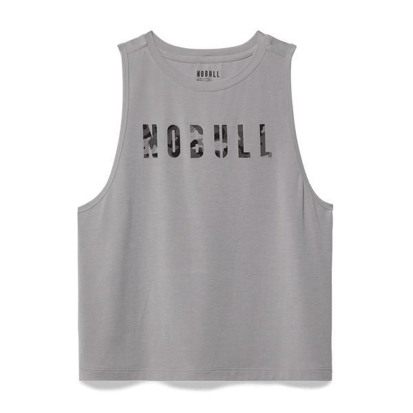 Women's Gray Camo Fill NOBULL Muscle Tank Flat Lay Angle.