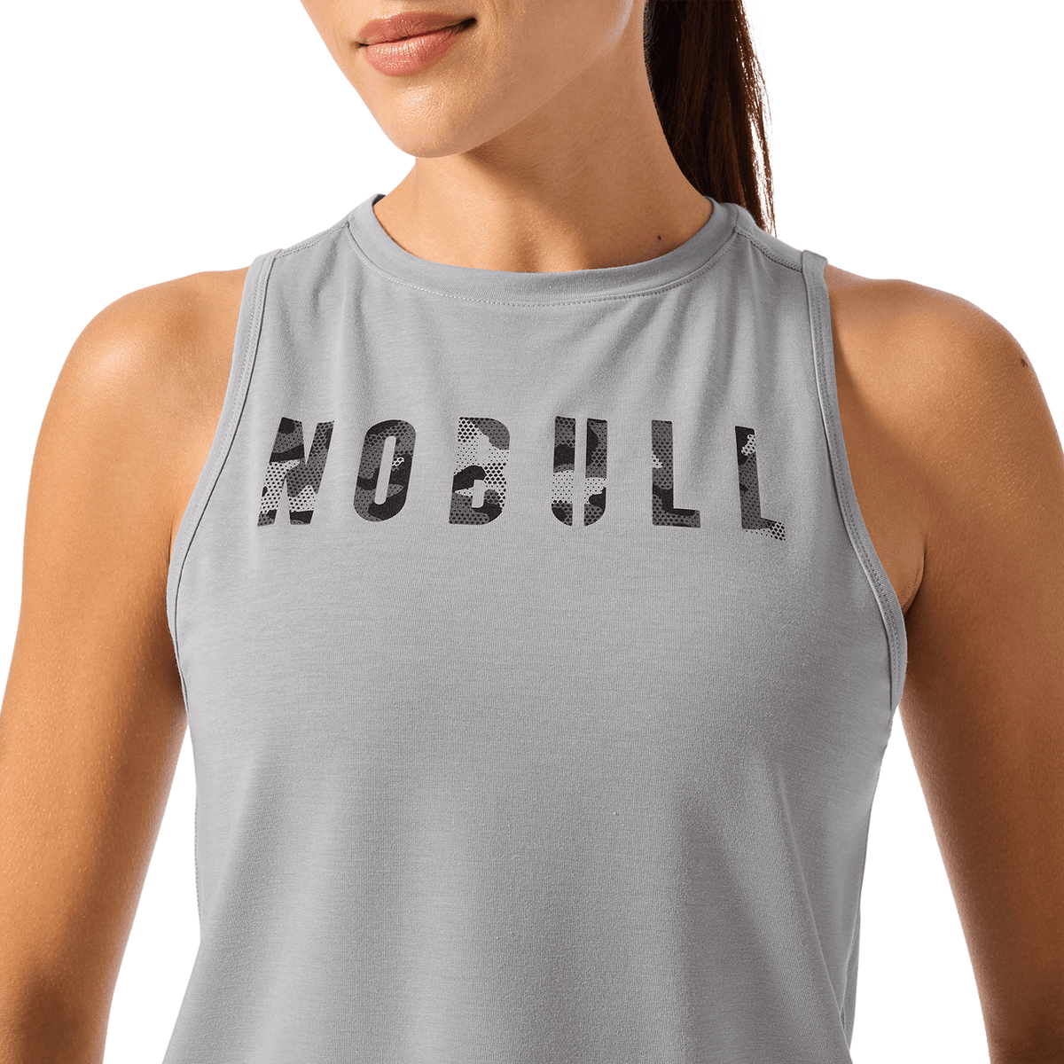 Women's Gray Camo Fill NOBULL Muscle Tank Front Detail Angle.