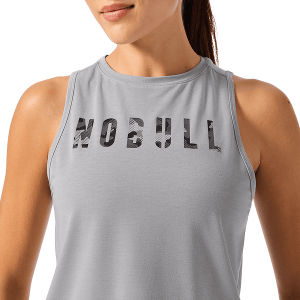 Women's Gray Camo Fill NOBULL Muscle Tank Front Detail Angle.