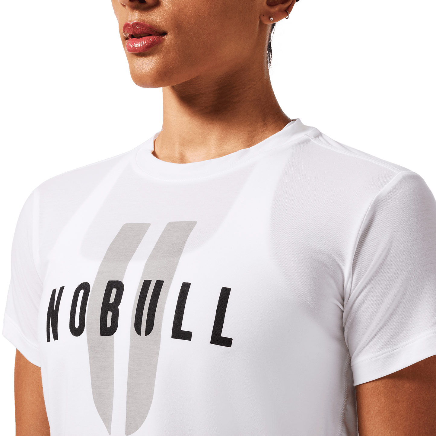 Women's White NOBULL U Boxy Tee Front Detail Angle.