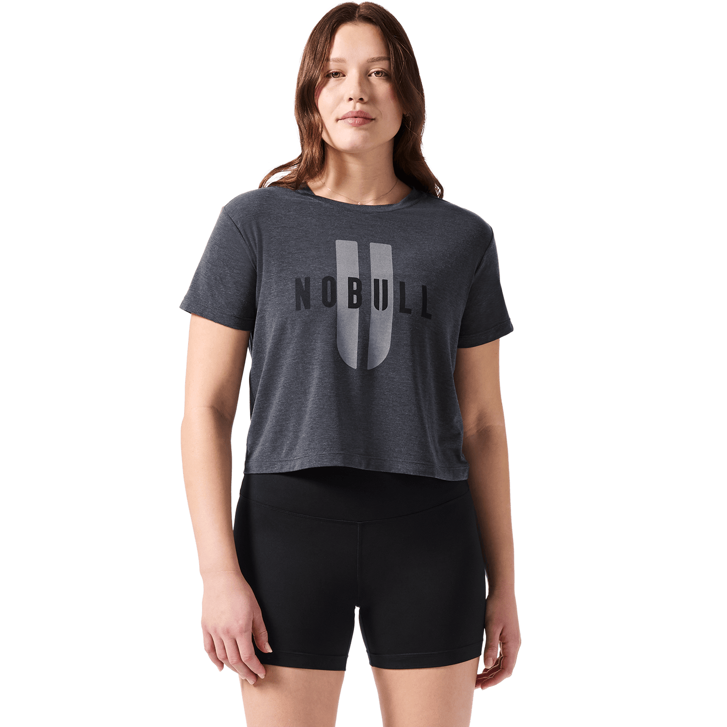 Women's Charcoal Heather NOBULL U Boxy Tee Front Angle.