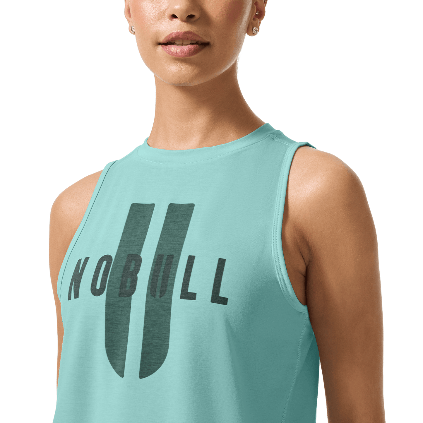 Women's Blue Haze NOBULL U Muscle Tank Front Detail Angle.