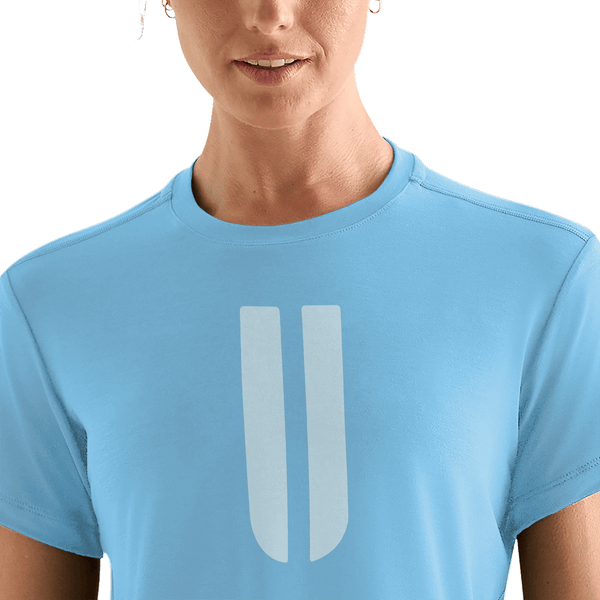 Women's Alaskan Blue U Boxy Tee Front Detail Angle.