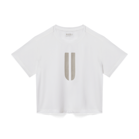 Women's White U Boxy Tee Flat Lay Angle.