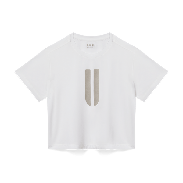 Women's White U Boxy Tee Flat Lay Angle.