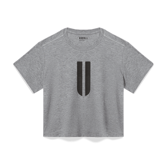 Women's Heather Grey U Boxy Tee Flat Lay Angle.