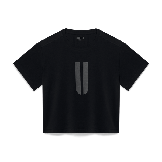 Women's Black U Boxy Tee Flat Lay Angle.