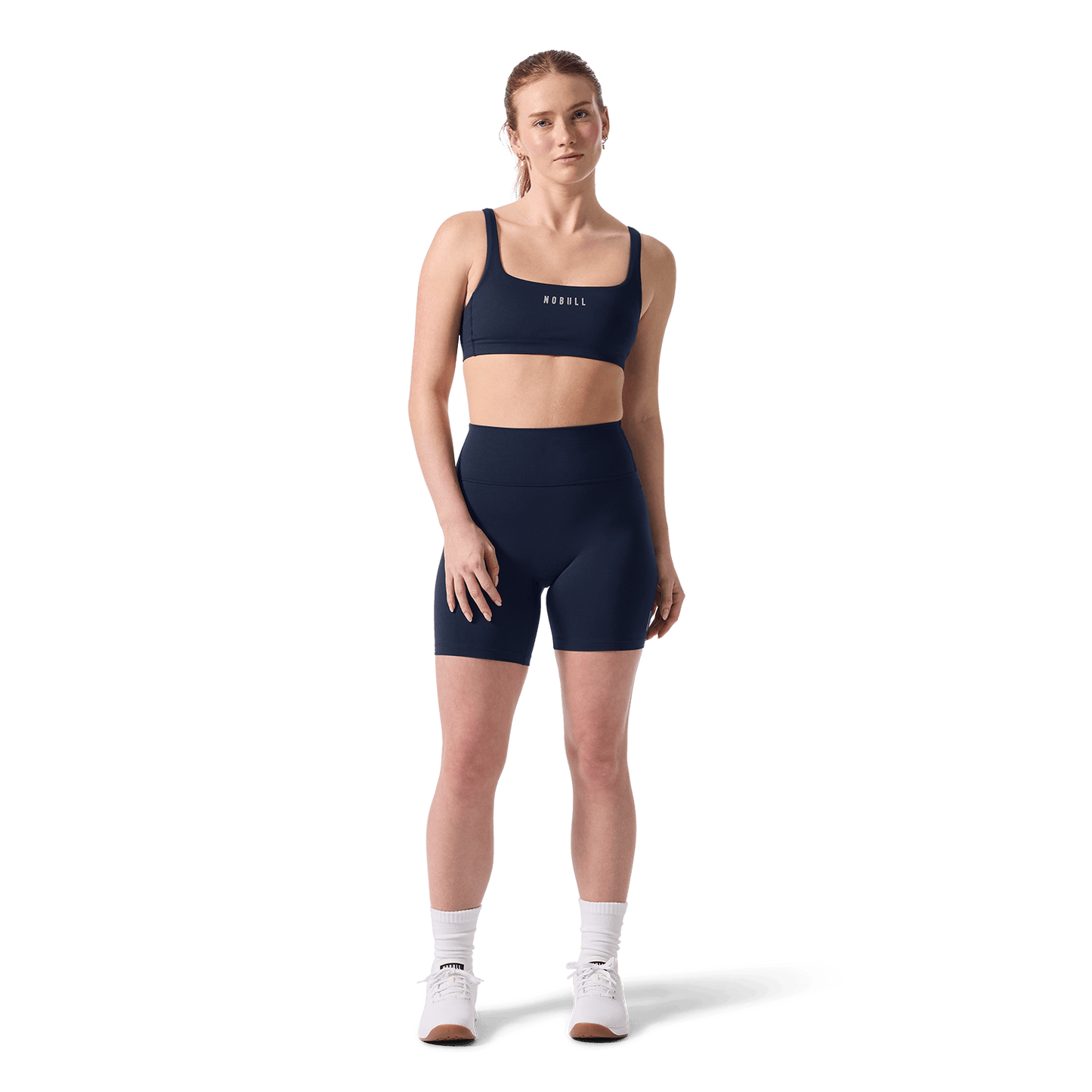 Women's Night Navy U High-Rise Matte Short 6" Front On Body Angle.