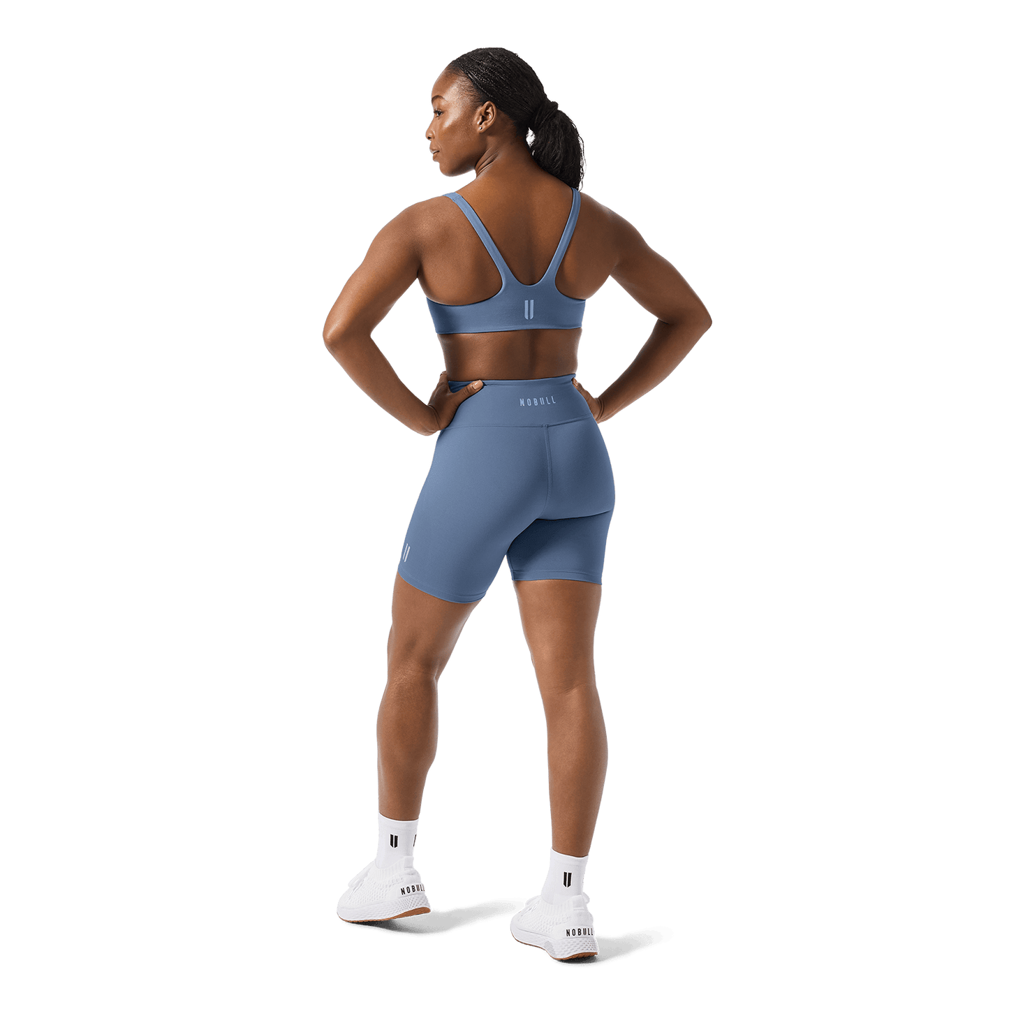 Women's Dusty Blue U High-Rise Matte Short 6" Back Full Body Angle.