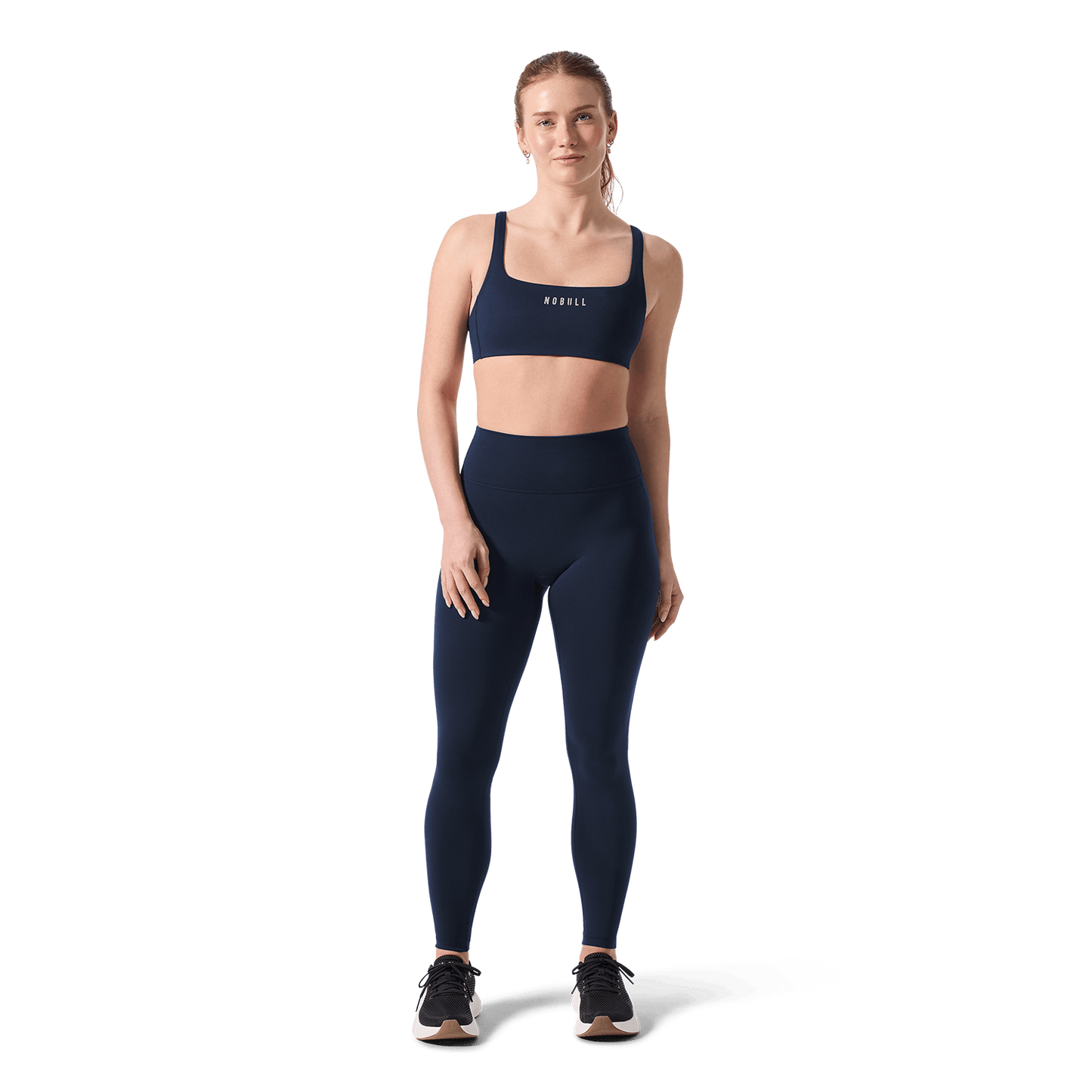 Women's Night Navy U High-Rise Matte Tight 28" Front Full Body Angle.