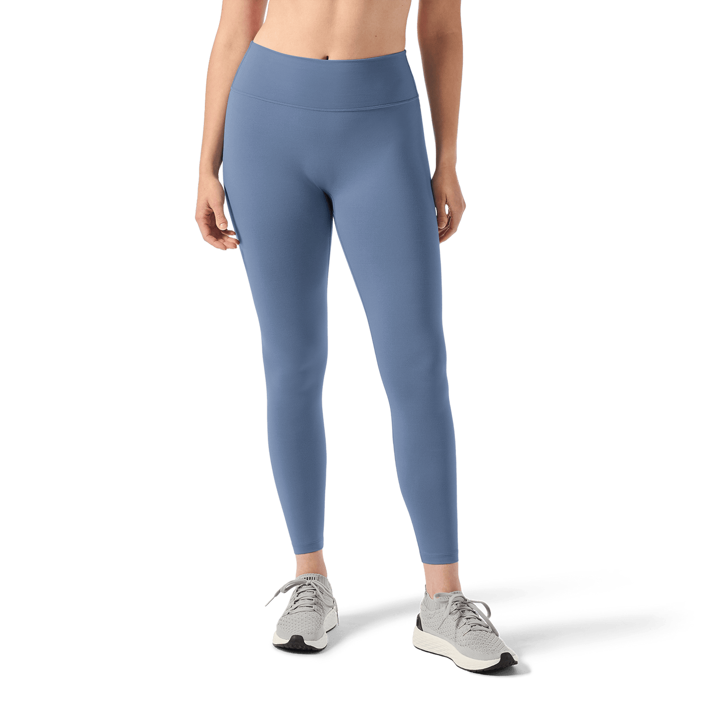 Women's Dusty Blue U High-Rise Matte Tight 28" Front Lower Body Angle.