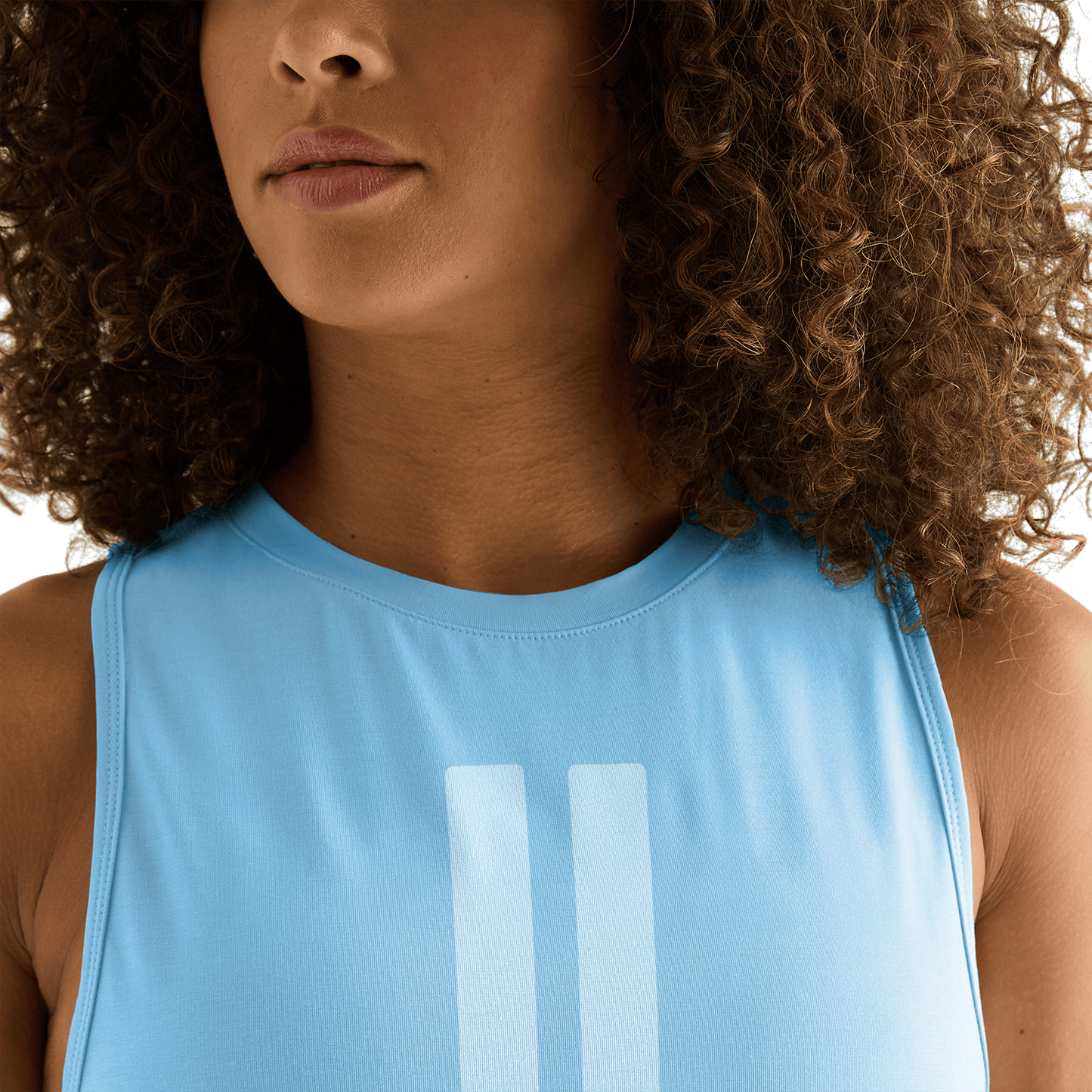 Women's Alaskan Blue U Muscle Tank Front Detail Angle.