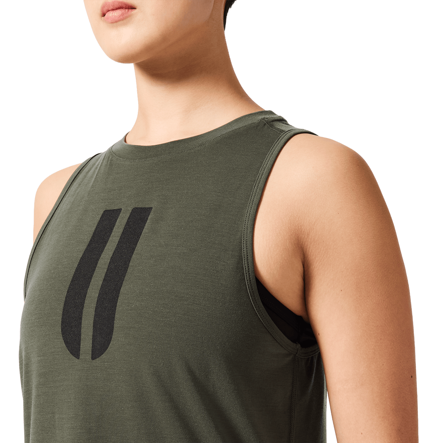 Women's Dark Army U Muscle Tank Front Detail Angle.