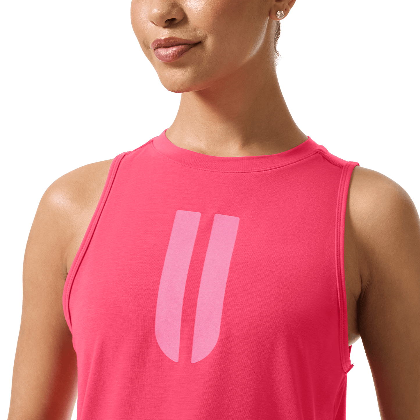Women's Punch U Muscle Tank Front Detail On Body Angle.