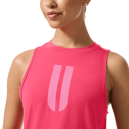 Women's Punch U Muscle Tank Front Detail On Body Angle.
