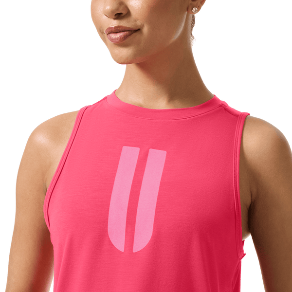 Women's Punch U Muscle Tank Front Detail On Body Angle.