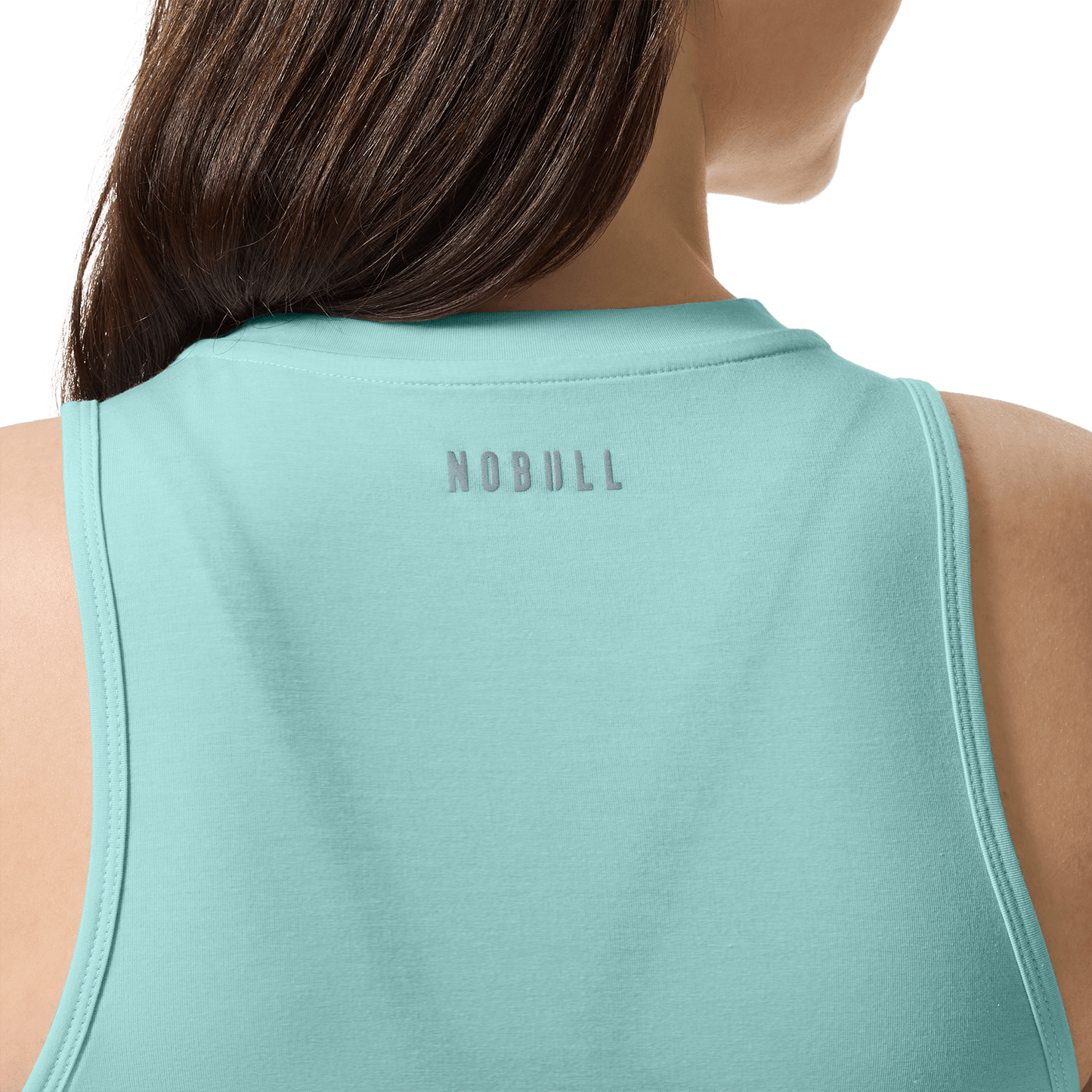 Women's Blue Haze U Muscle Tank Back Detail On Body Angle.